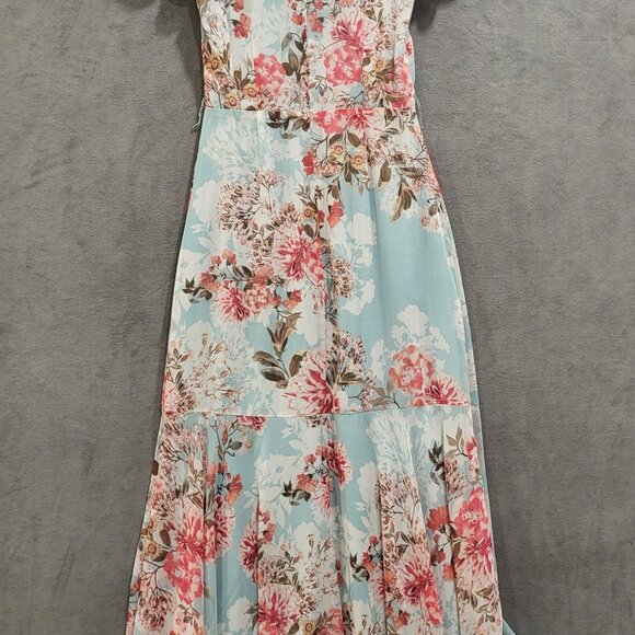 Eliza J Maxi Dress Womens 6 Floral V Neck Ruffle Girly Flutter Sleeve Green Pink - Picture 3 of 8